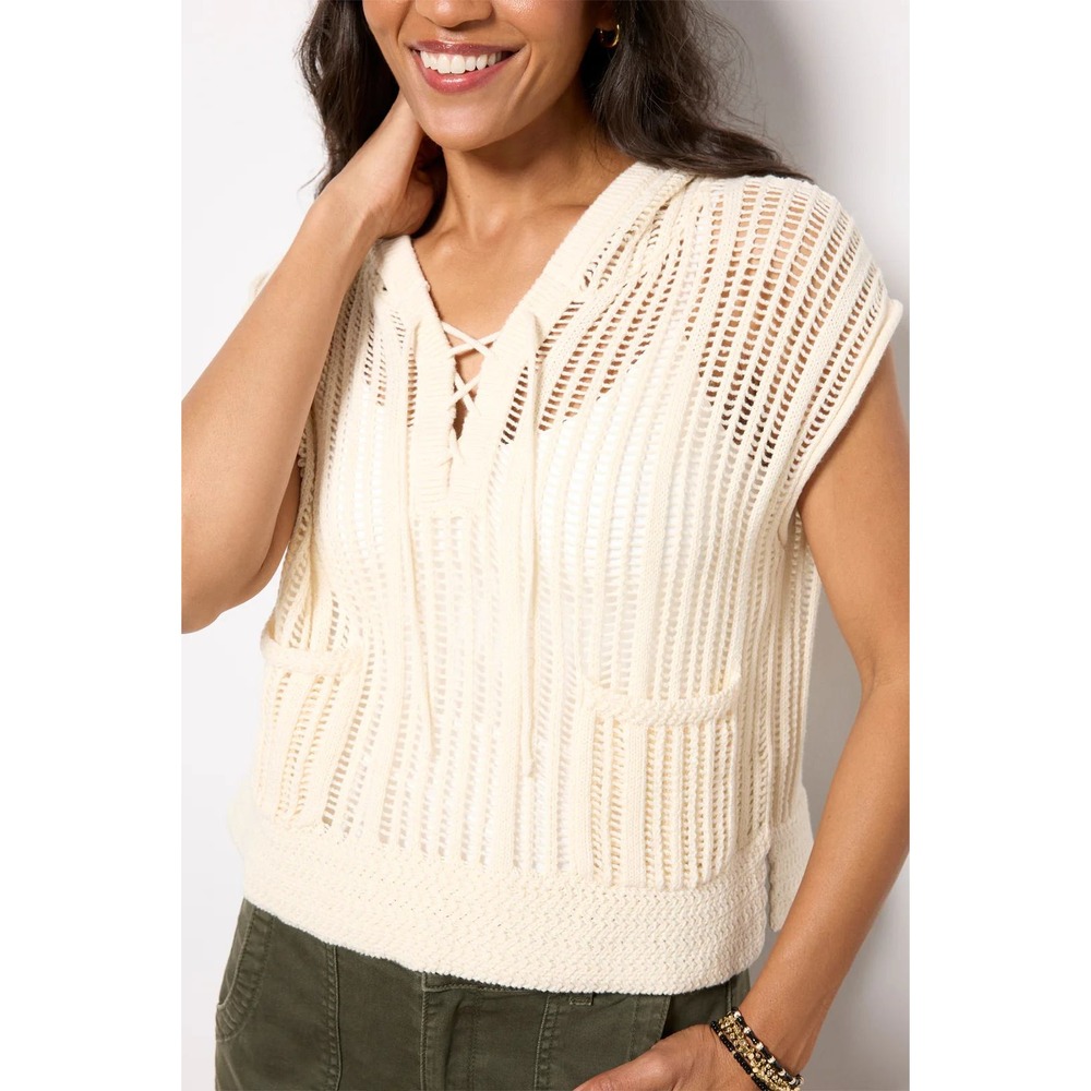 EVEREVE Women Ivory Cotton Open Knit Lace Up Hooded Sweater Vest Small Festival
